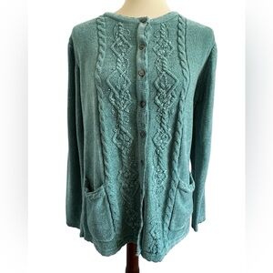 Vintage Jenny Teal Granny Core Button Pockets Beaded Knit Cardigan Size Medium